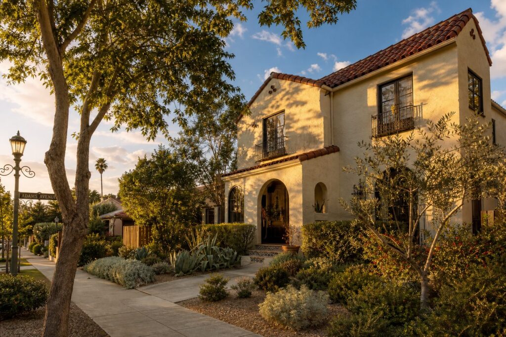 1920s Spanish Revival home with terracotta roof and stucco facade, mature pepper trees, and classic streetlight on Adams Avenue in Kensington San