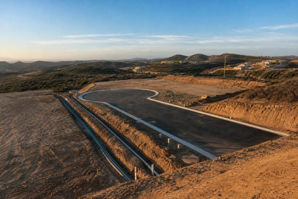Graded raw land parcel with asphalt driveway, utility trenches, and house pad in Otay Ranch San Diego, rolling hills beyond.